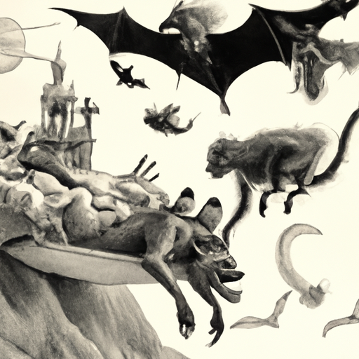 a coffin flying with bat wings while below various furry monsters watch in the style of Gustave dore