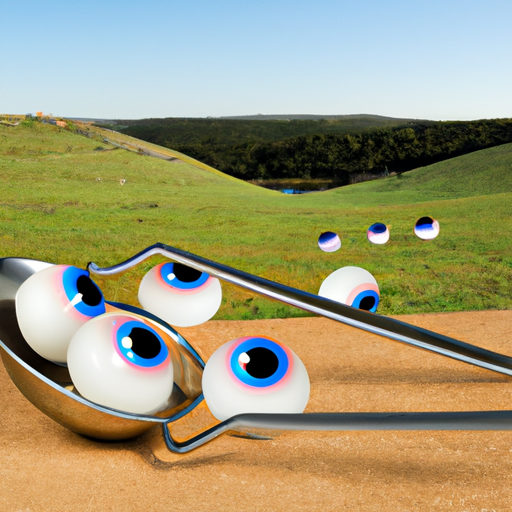a realistic photograph of eyeballs and kitchen utensils rolling down a hill